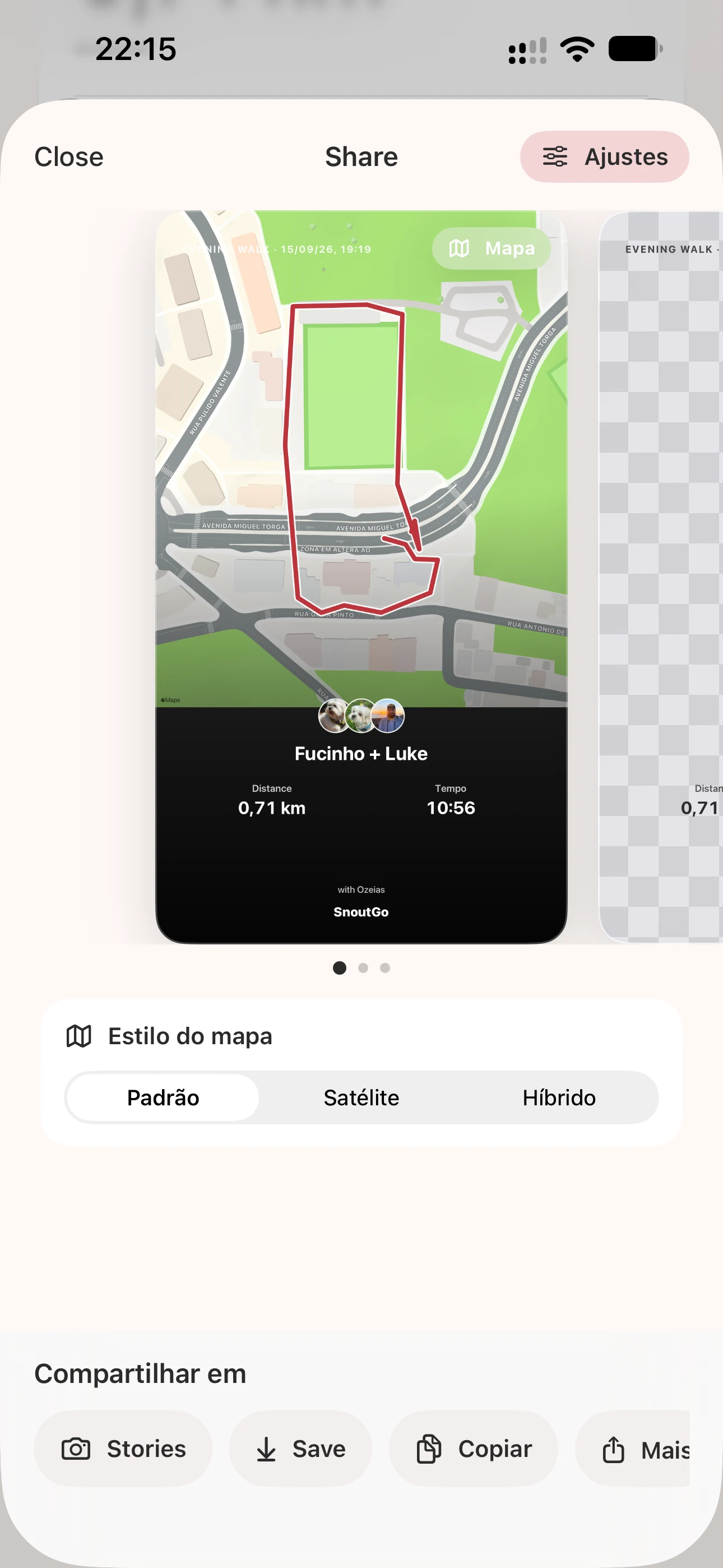 Share screen with a route card ready to save or send