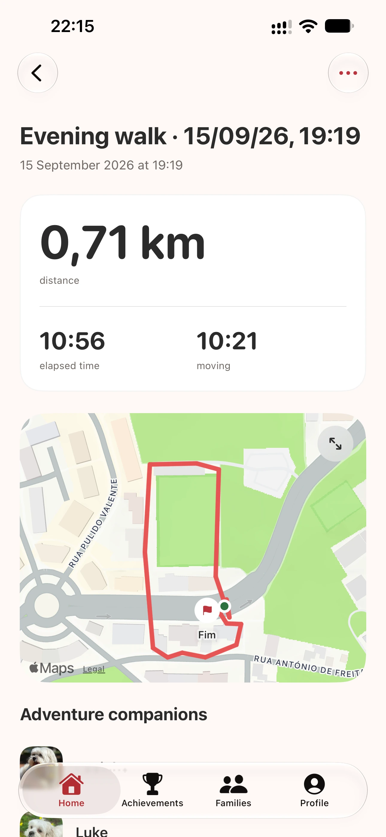 Walk details screen showing distance, time, and a route on the map
